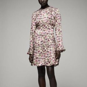 NWT Zara Satin Effect Printed Floral Mini Dress XS Pink Cream